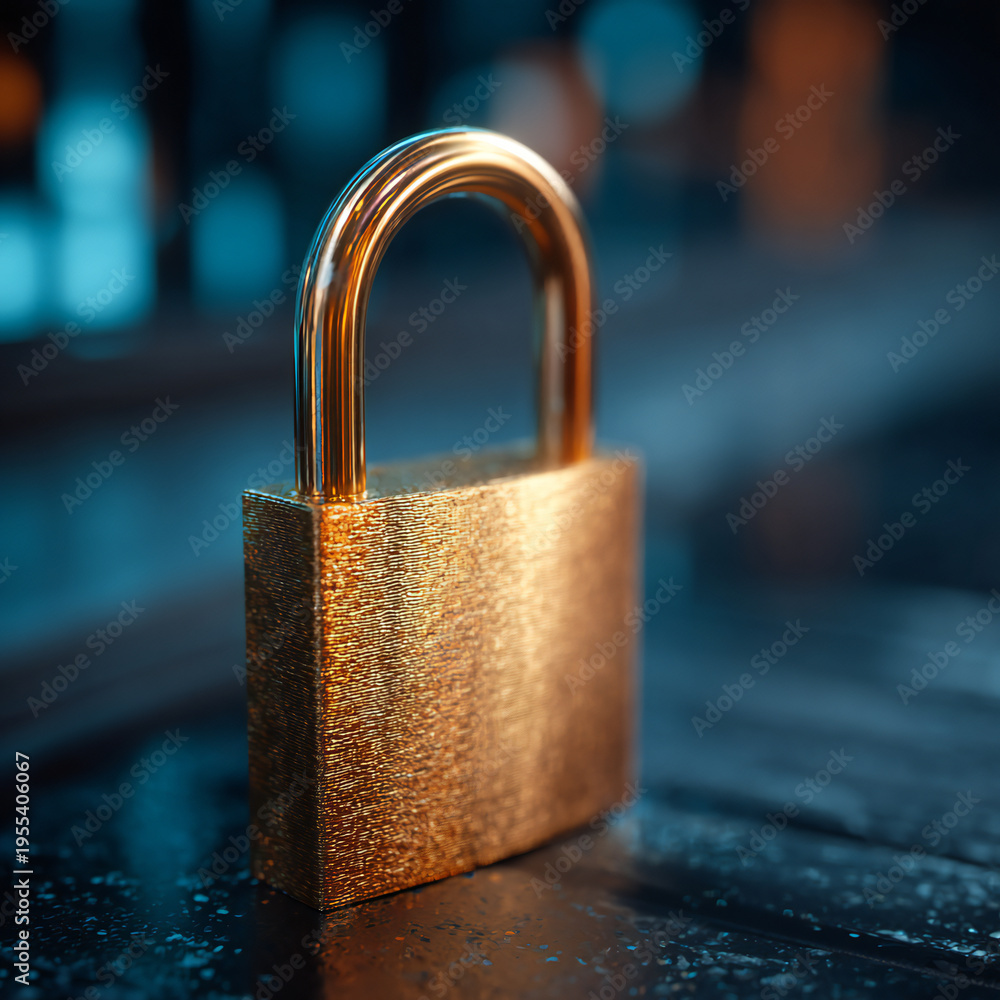 Fototapeta premium Golden cybersecurity padlock on glowing blue digital background, futuristic tech concept