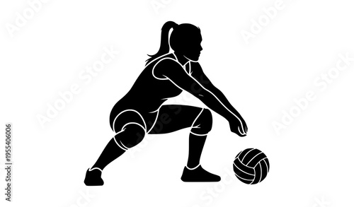 Female volleyball player silhouette in defensive ready position with ball sports vector illustration