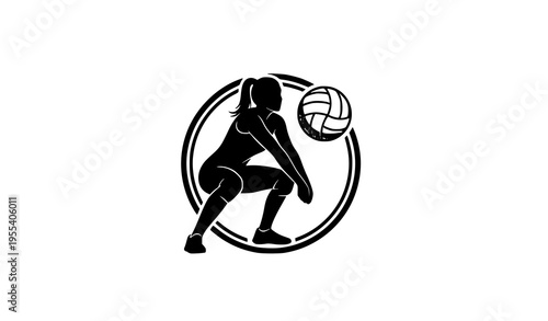 Female volleyball player logo emblem defensive stance with ball sports badge vector design
