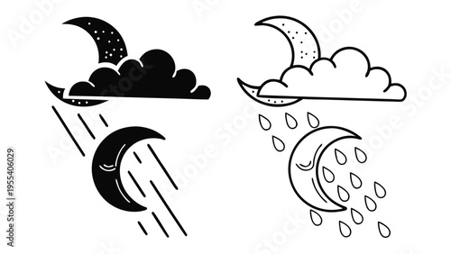 Rainy Night Weather Icons Moon Cloud Rain Set Styles