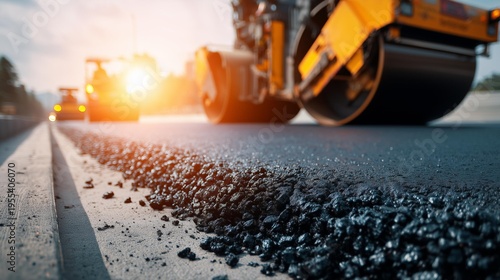 Heavy road roller machine compacting fresh black asphalt on a new highway construction site during a bright golden sunset