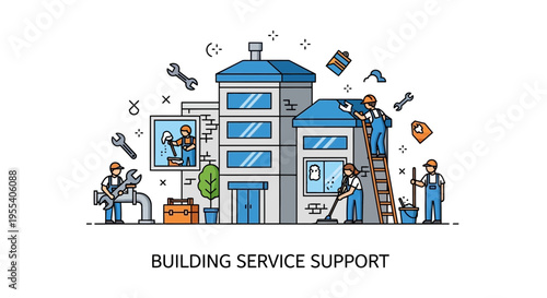 Building Service Support: Team maintaining facade, windows, and rooftop, construction tools, urban.