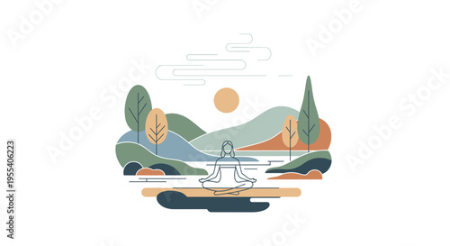 Woman meditating by serene lake in minimalist landscape, zen, mindfulness, nature