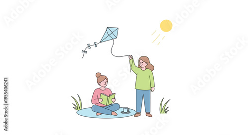 Two girls flying a kite and reading a book outdoors on a sunny day, illustration