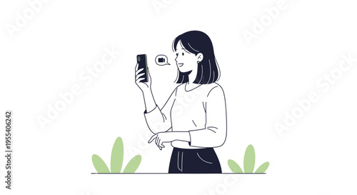 Woman holding smartphone, sending message, flat design illustration