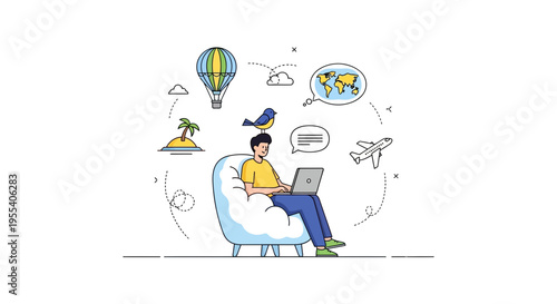 Man working on laptop, dreaming of travel, with icons of airplane, island, hot air balloon