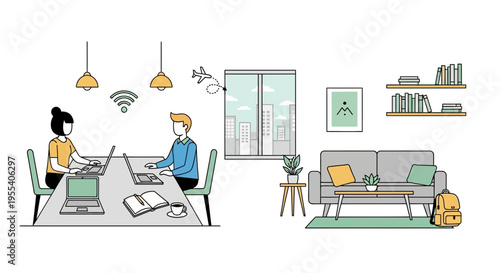 Remote Work & Hybrid Office: People Working on Laptops in Diverse Environments