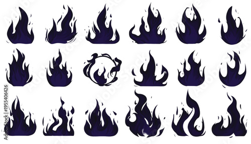 Collection of various stylized dark flame silhouettes offers different shapes for graphic design projects.