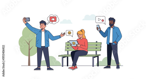 Diverse friends enjoying technology and social media in a park setting