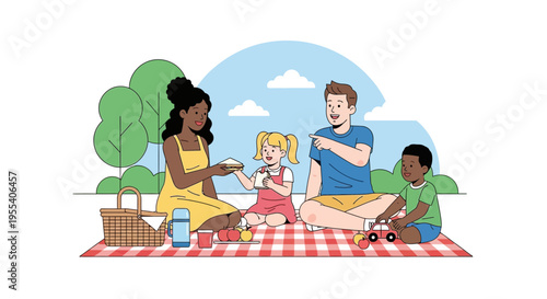 Diverse Family Picnic Fun: Parents and Children Enjoying Outdoors on Blanket