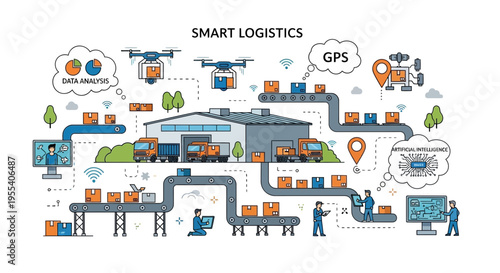 Smart Logistics Network: Drones, Trucks, AI, GPS, and Data Analysis for Efficient Supply Chain