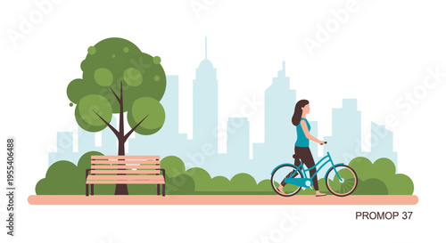 Woman cycling in city park with skyscrapers background