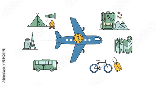 Airplane travel concept with various transportation and vacation elements