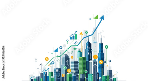 Cityscape with upward trending graph and financial symbols, symbolizing economic growth and investment.