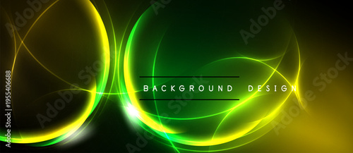 Abstract neon lines form dynamic shapes. Green, yellow glow contrasts dark background. Modern design element for digital projects.