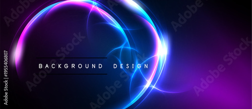 Abstract neon lights form circular shapes. Dark background enhances vibrant purple, blue glow. Text reads background design.