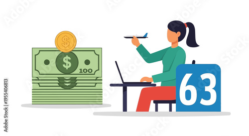 Woman Planning Travel Budget with Laptop and Money Stack