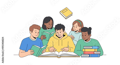 Diverse students reading books together, learning and studying concept