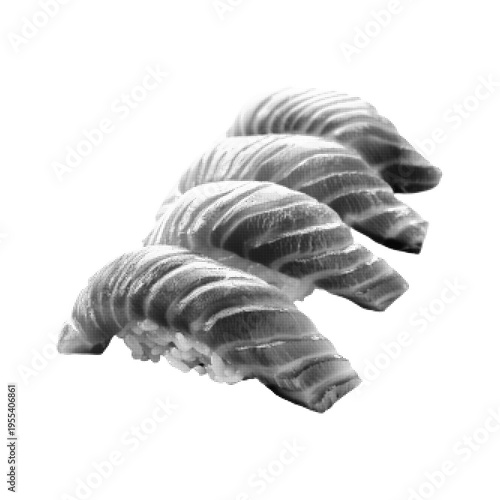 Halftone sushi rolls set isolated on white background. Black and white illustration of Japanese food with rice and fish, minimal monochrome style.