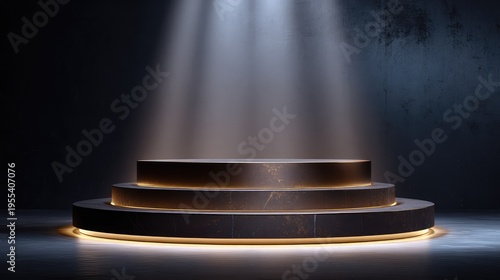 Elegant Round Platform with Soft Lighting in a Dark Studio Environment Ideal for Showcase, Presentation or Event Backgrounds, Highlighting Creativity and Style