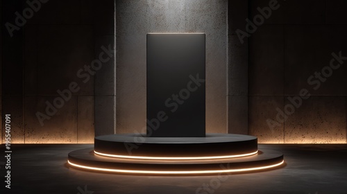 A Minimalistic Dark Stage with a Monolithic Pedestal Illuminated by Soft Lighting for Product Display or Artistic Presentation in an Elegant Environment