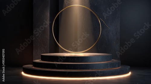 Elegant display pedestal with a golden ring under soft lighting in a modern dark interior, perfect for showcasing products or art in a contemporary setting.