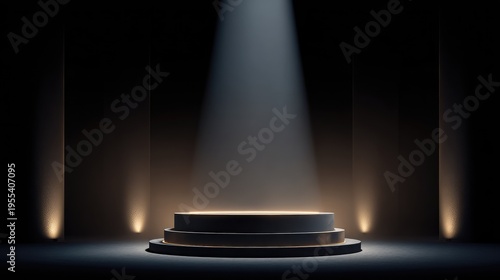 Dramatic Stage Setup with Spotlight Illuminating Circular Platform in a Darkened Ambience Creating an Inspiring and Elegant Atmosphere for Events or Performances