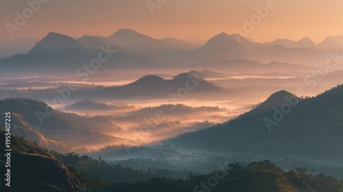 Breathtaking Sunrise Over Layered Mountain Ranges with Mist and Fog Creating a Dreamy Landscape in Soft Pastel Colors for Nature Lovers