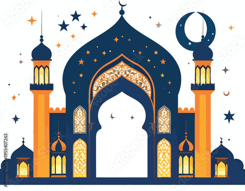 A serene nighttime scene depicts a majestic mosque with crescent moon, stars and lanterns