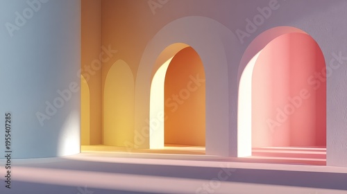 Abstract architectural space with soft pastel colors and illuminated arches casting shadows, creating a serene and tranquil atmosphere for modern design themes