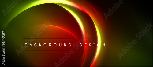Abstract vibrant design features flowing curves, gradients. Dark background highlights bright neon colors, creating dynamic visual effect.