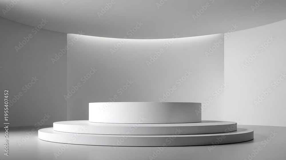 Fototapeta premium Minimalist Studio Background with White Circular Platforms and Soft Lighting for Product Display, Photography, or Art Presentations in a Modern Setting