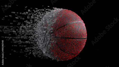 Reality-warping basketball half solid and half dissolving into digital voxel particles flying on a dark black background