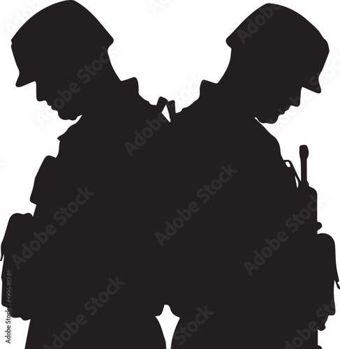 Military soldiers vector silhouette illustration line art on transparent background design element