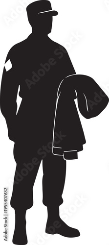 Military soldier silhouette wearing uniform and cap standing with jacket over arm vector