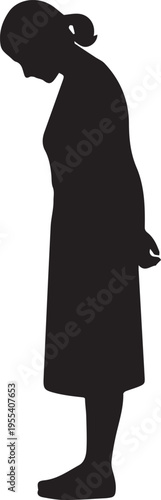 Sad woman silhouette vector illustration bowing head in grief mourning or praying line art