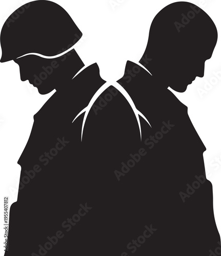 Two soldiers back to back, military illustration, vector silhouette art