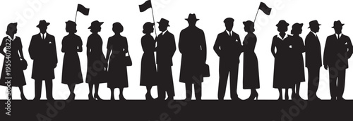 Vintage crowd silhouette of people in formal clothing with flags illustration and vector