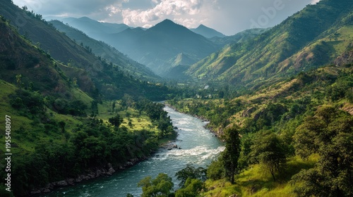 Serene River Flowing Through Lush Green Valley Surrounded by Majestic Mountains Undersoft Light Creating a Peaceful Nature Landscape Scene