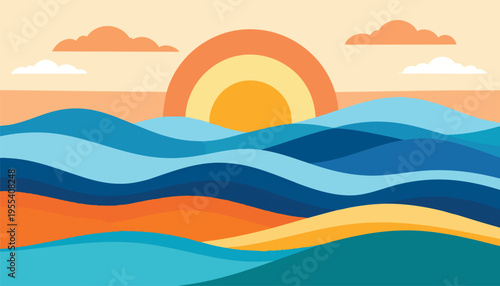 Vibrant sunset over wavy ocean landscape with clouds and warm colors