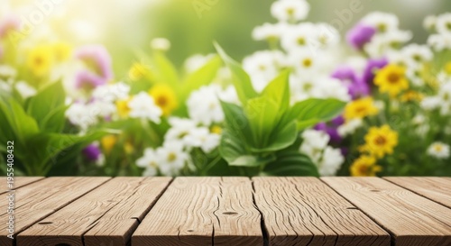 Labor day garden party concept with wooden deck and vibrant flowers