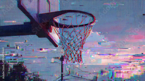 Basketball hoop caught in a digital glitch effect with chromatic aberration and pixel distortion against a colorful sky