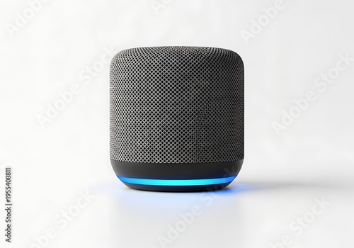 A small speaker with a blue light on a white surface