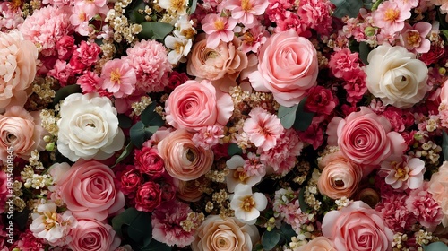 A stunning array of colorful blooming flowers in pink, red, and white shades.