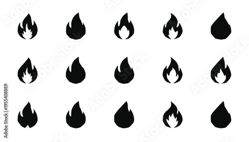 Fifteen uniform black icons depict various simplified flame shapes useful for hazard symbols or interface.