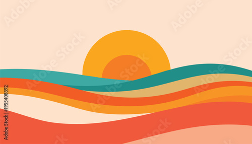 Sunset occurs over wavy landscape with vibrant colors and abstract design