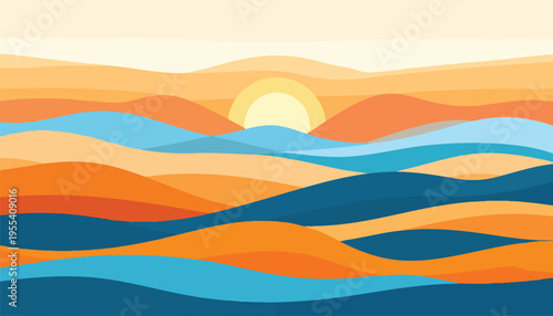 Vibrant sunset over rolling hills with wavy blue and orange dunes landscape