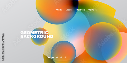 Abstract design features overlapping colorful circles. Text labels include work, about, portfolio, contact. Gradient hues create modern aesthetic.