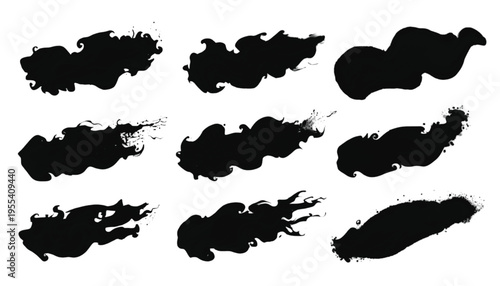 Nine distinct black ink splash brush strokes are arranged across a clean white background for graphic design.