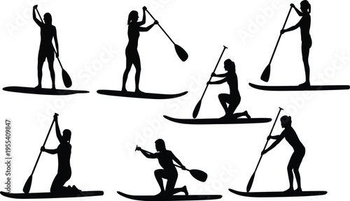 Black silhouettes of people paddleboarding in varied stances and paddling techniques, highlighting water sports, balance, fitness, adventure, recreation, and minimal vector design art